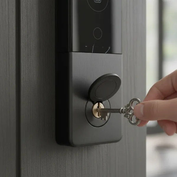 Hand using a physical key to manually unlock a smart lock during a battery emergency.