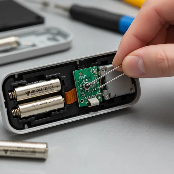 Close-up of a hand using a paperclip to press a small reset button on a smart lock