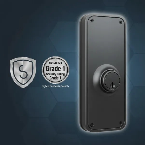 A graphic showing a smart lock with an overlay indicating high security and ANSI/BHMA Grade 1 rating.