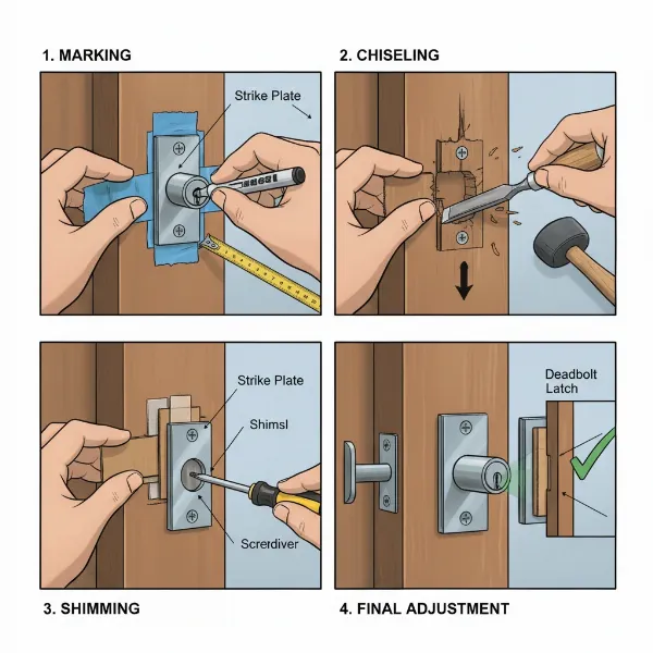 Step-by-step adjustment of a deadbolt strike plate using a chisel and shims.