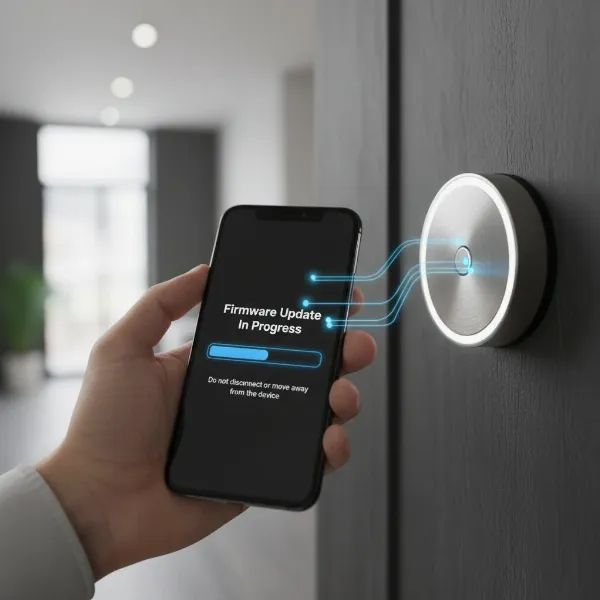A person holding a smartphone near a smart lock, showing the firmware update progress on the phone screen.