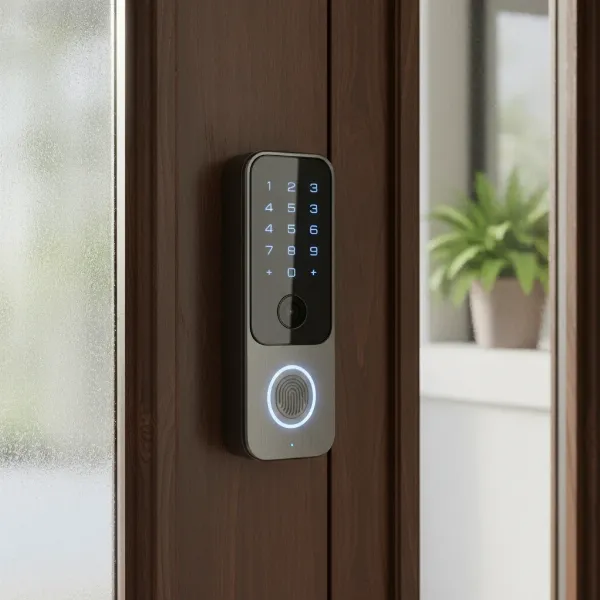 Integrated smart lock with video doorbell, showing keyless entry and camera features.
