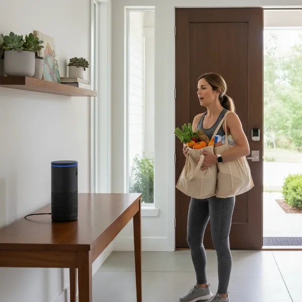 Woman with groceries using voice command for smart lock convenience