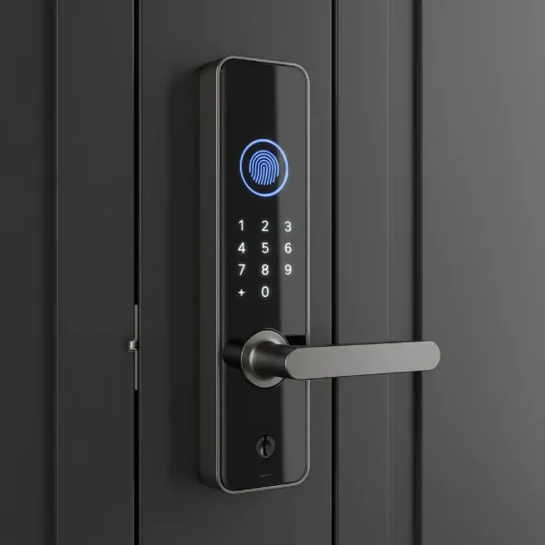 Sleek smart mortise lock with integrated handle and fingerprint scanner on modern door.
