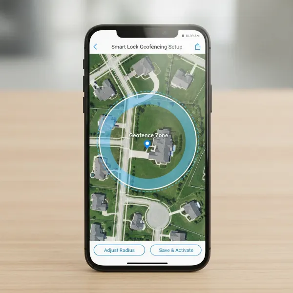 Smartphone screen displaying a map with a virtual geofence circle around a home location.