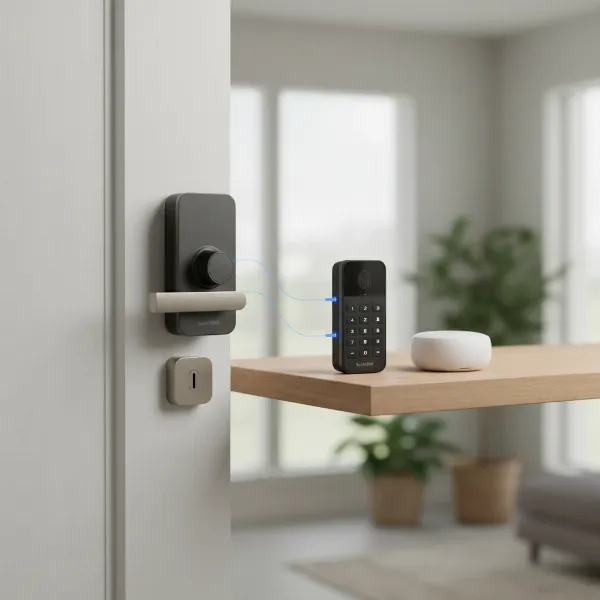 SwitchBot Lock on a door with its Keypad and Hub Mini accessories arranged nearby.