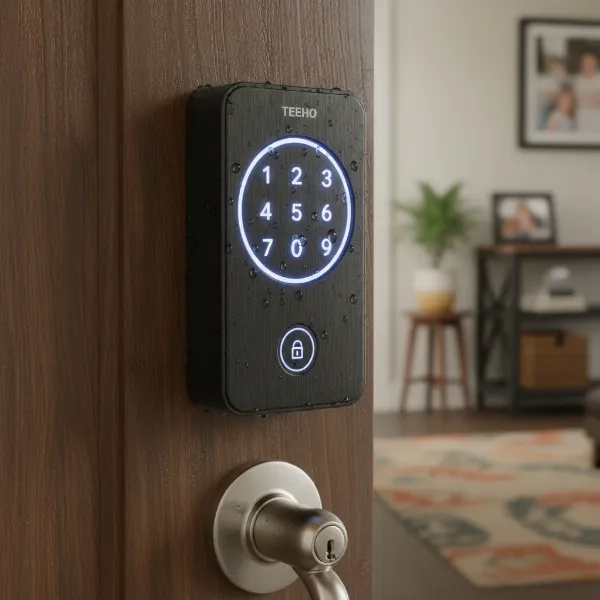 The TEEHO TE001 keyless entry door lock with an illuminated keypad on a dark wooden door.