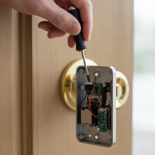 Hand using a screwdriver to tighten internal mounting screws of a smart lock.
