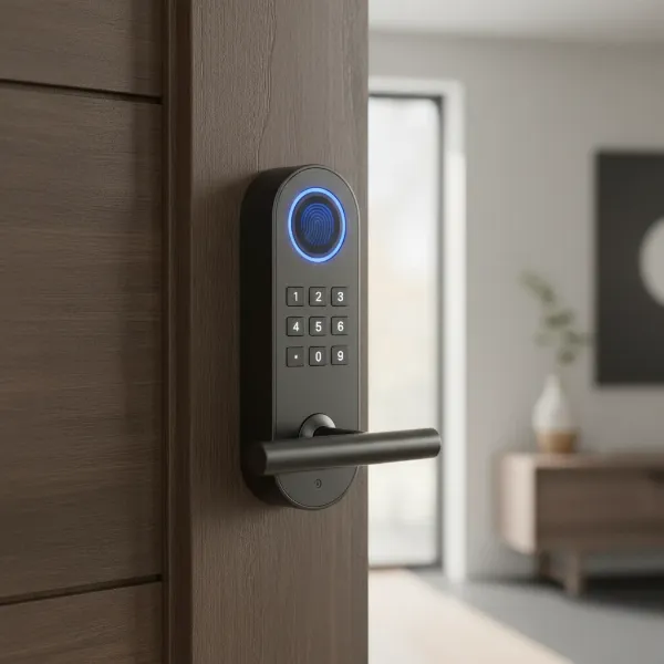 Close-up of a U-tec Ultraloq fingerprint smart lock on a modern door with a glowing fingerprint sensor.