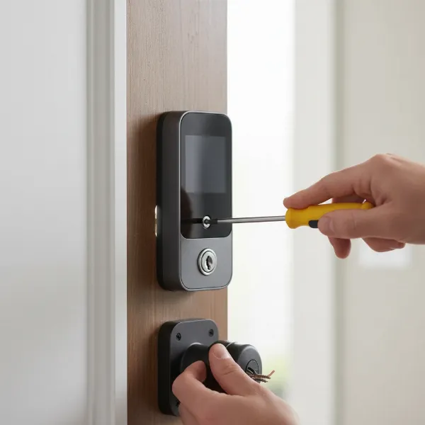Hands installing an Ultraloq Latch 5 smart lock on a door with a screwdriver.