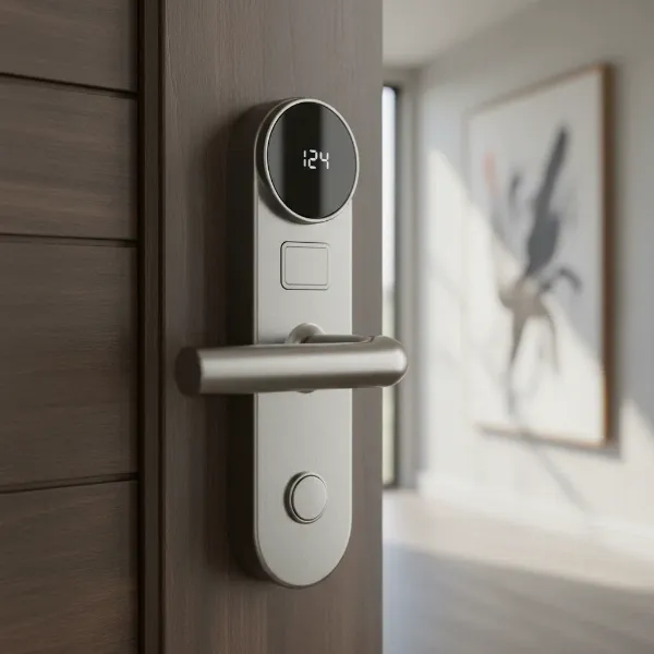 Close-up of Ultraloq Latch 5 smart handle with fingerprint sensor and keypad.