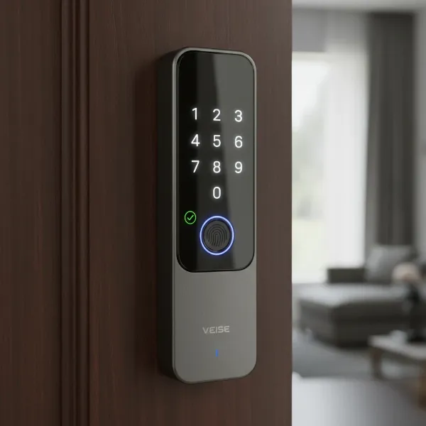 Veise smart lock on a dark wooden door, showing modern keyless entry design.