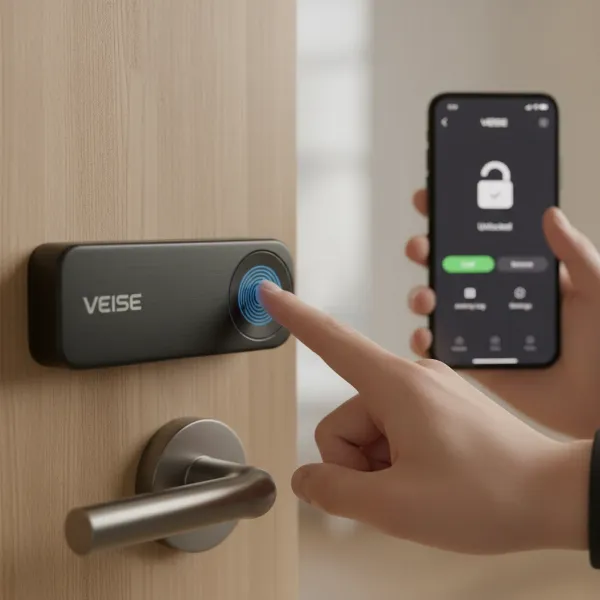 Hand using fingerprint sensor on Veise smart lock, with smartphone app interface visible.