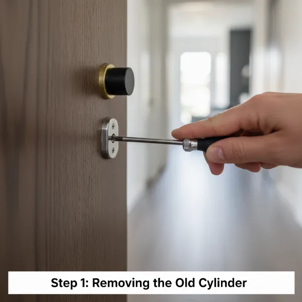 Hands demonstrating the installation of a Welock Smart Lock Cylinder into a door