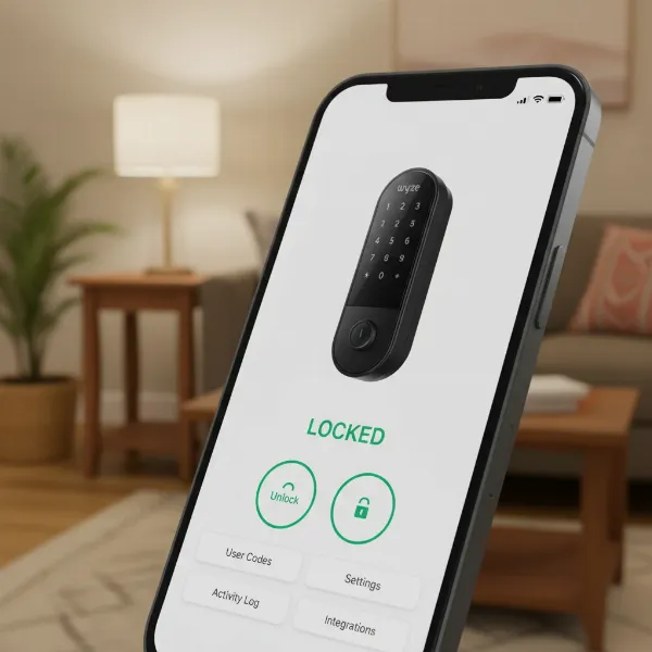 Smartphone displaying Wyze app controlling Wyze Lock Bolt V2 remotely.