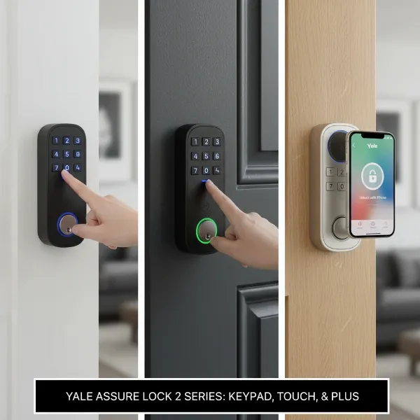 Three distinct Yale Assure Lock 2 models side-by-side demonstrating entry methods.