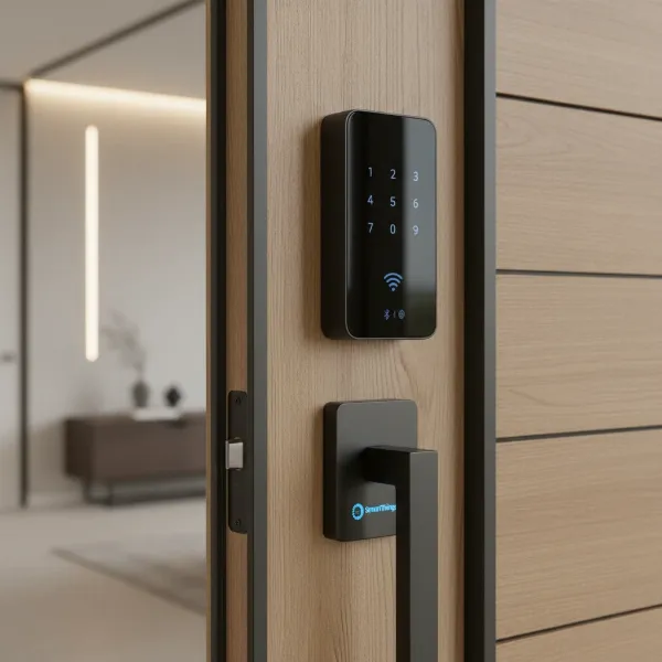 Yale Assure Lock 2 touchscreen smart lock installed on a modern door, showing SmartThings integration.