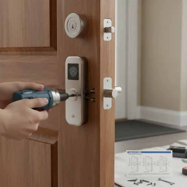 A person installing the Yamiry biometric smart door lock on a wooden door using only a screwdriver