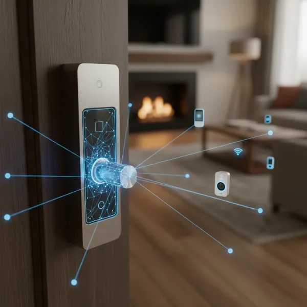 Illustrates a modern Zigbee smart lock with its internal components and mesh network connections.